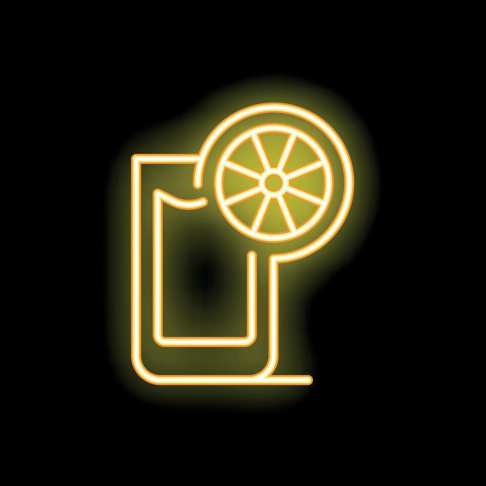 Yellow neon sign showing cocktail glass with slice of orange on black wall vector