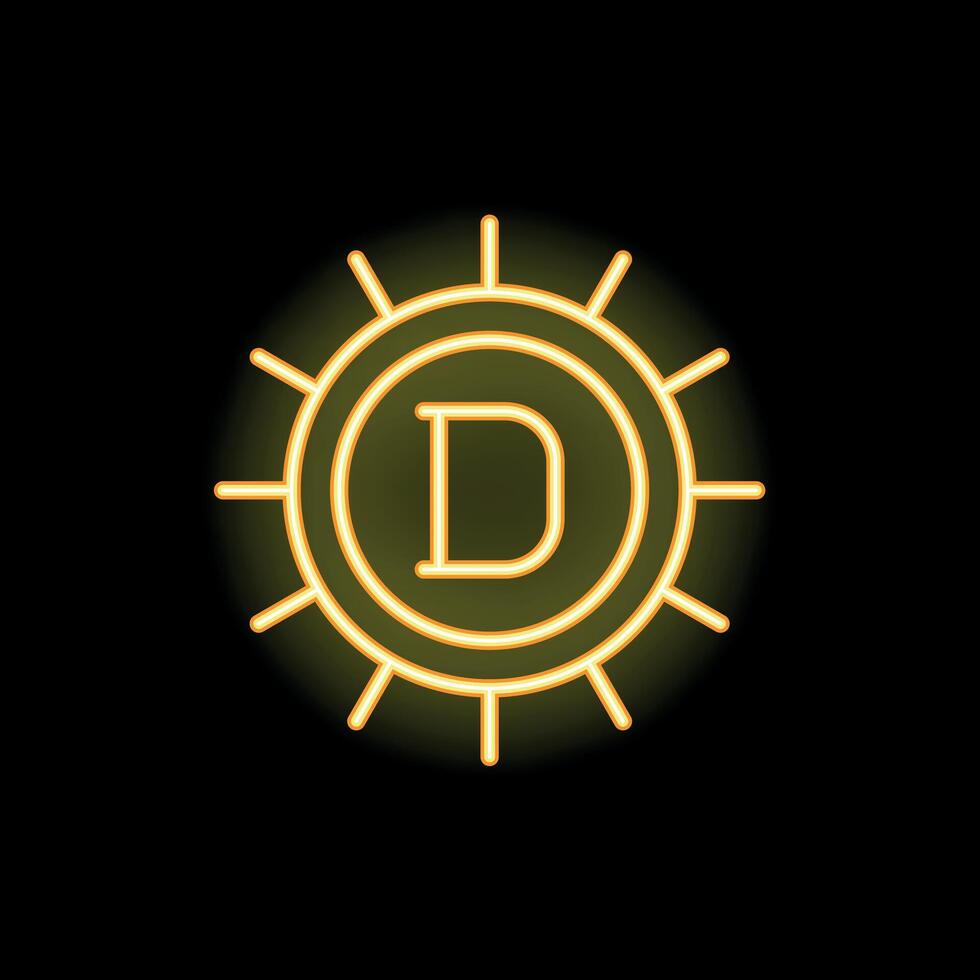 Neon yellow sun glowing with letter d inside on black background vector