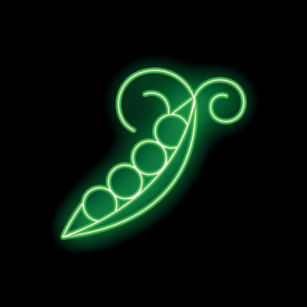 Green neon sign showing open pea pod on black background vector