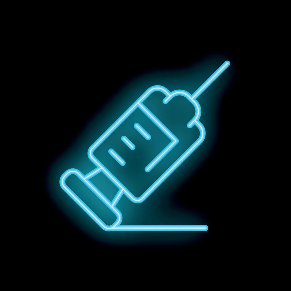 Blue neon syringe icon glowing against a black background vector