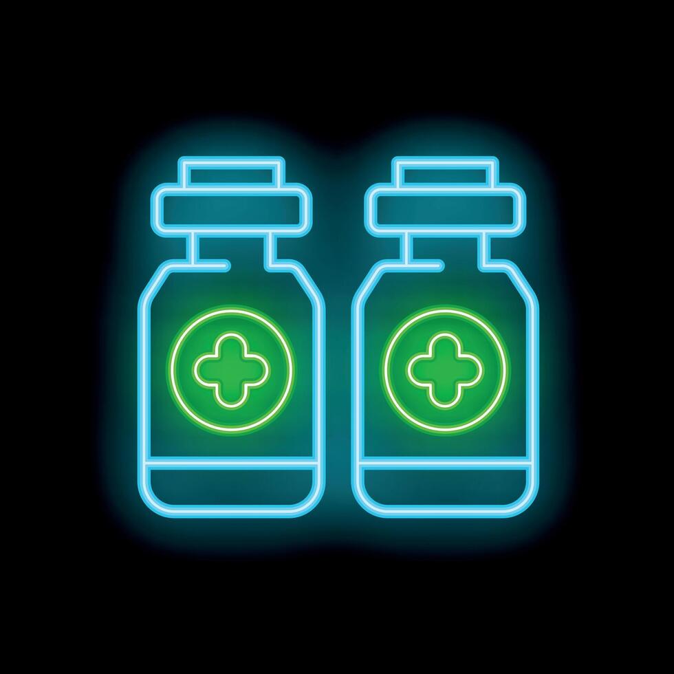 Glowing neon line medical vial with cross icon isolated on a black background vector