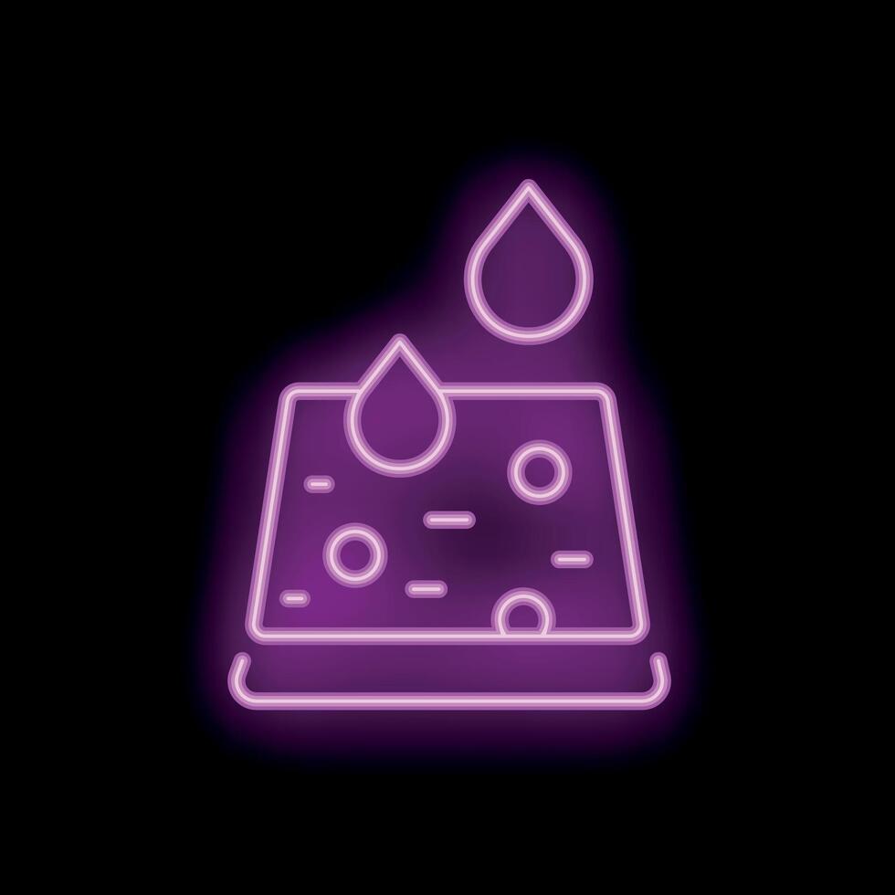 Neon icon of sponge absorbing water droplets on black background vector