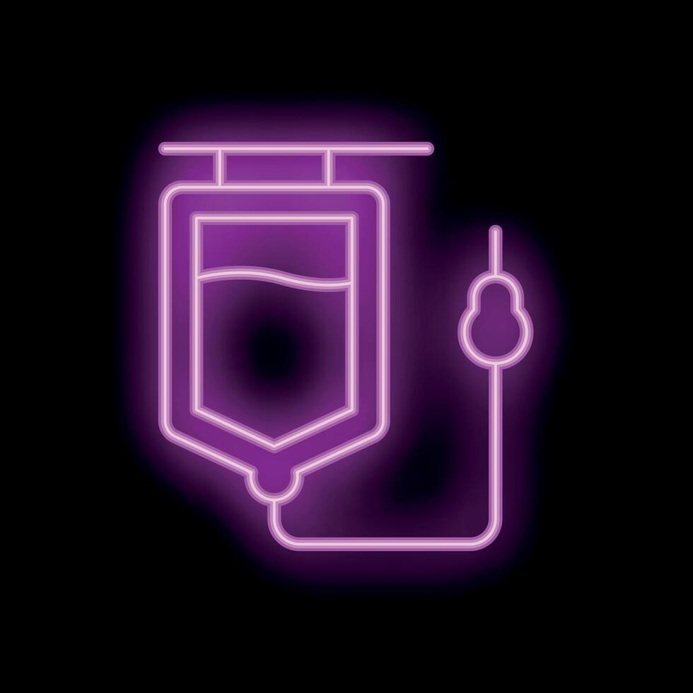 Glowing purple neon sign of an iv drip on a black background vector