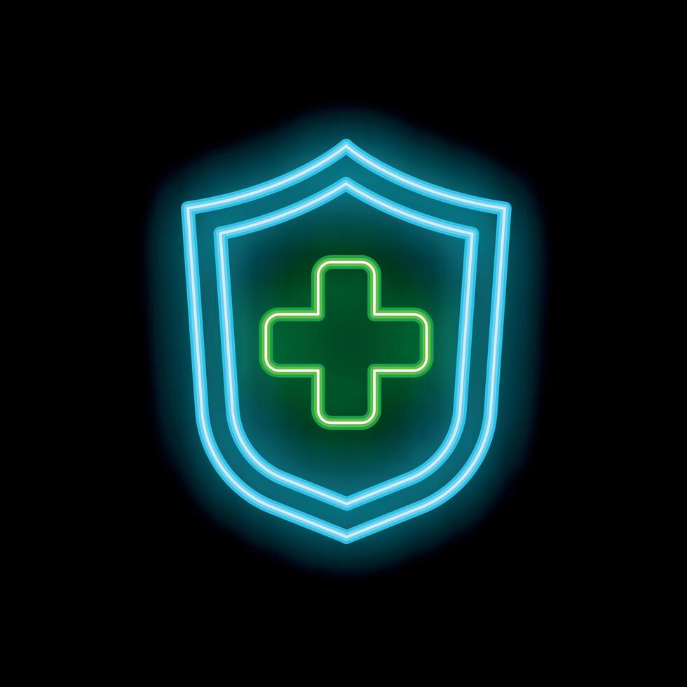 Neon medical shield sign glowing on a black background vector
