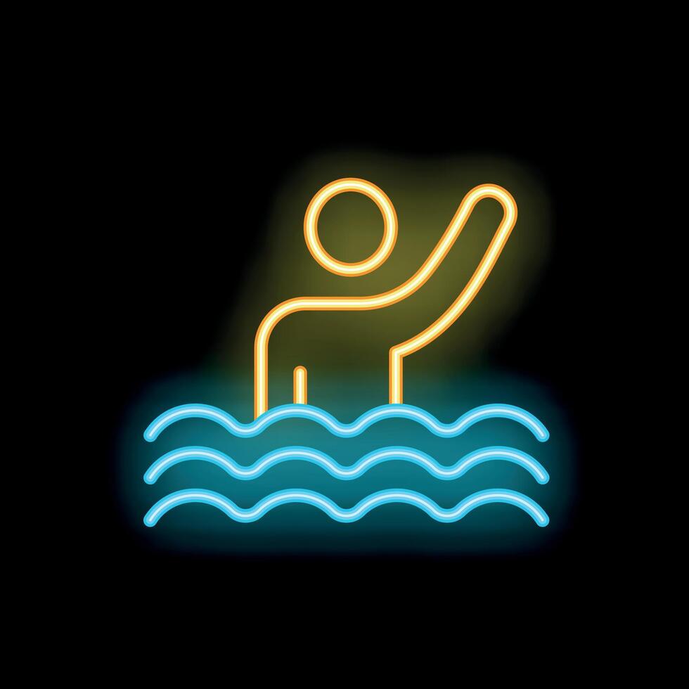 Neon sign of a person raising a hand while swimming in the sea vector