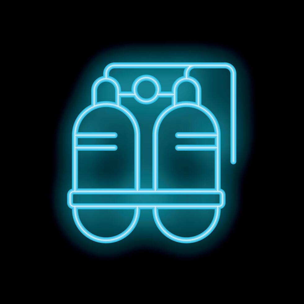 Neon blue oxygen tank icon glowing on black background vector