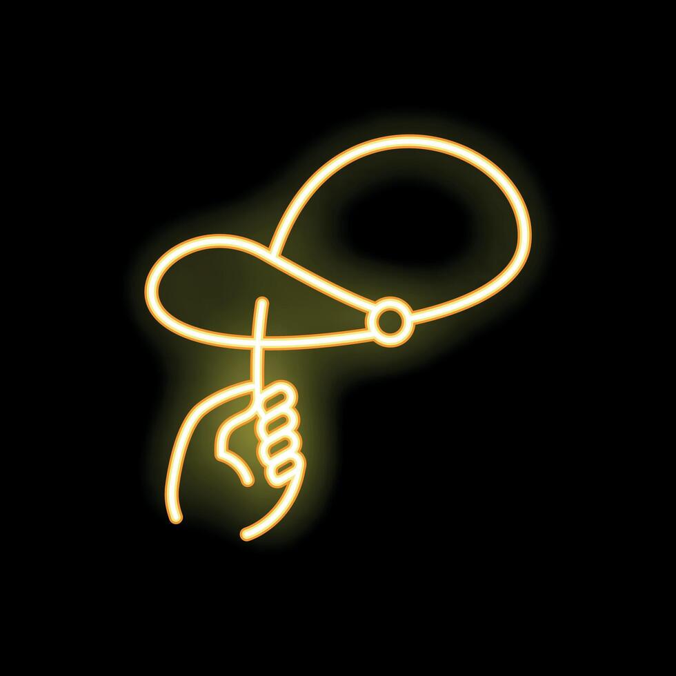 Hand holding magic wand with floating hat neon sign icon vector