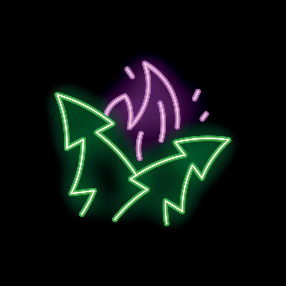 Neon sign of burning forest with bright green trees and pink fire on black background vector