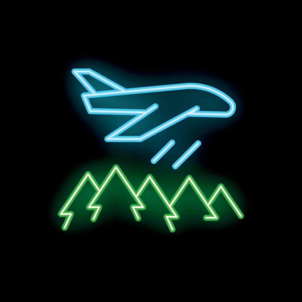 Neon icon of airplane flying over forest fire spreading wildfire vector