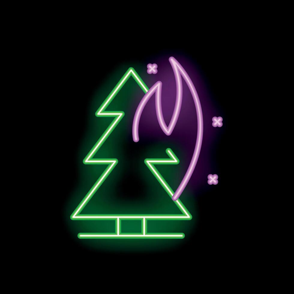 Neon style icon showing burning christmas tree on black background vector