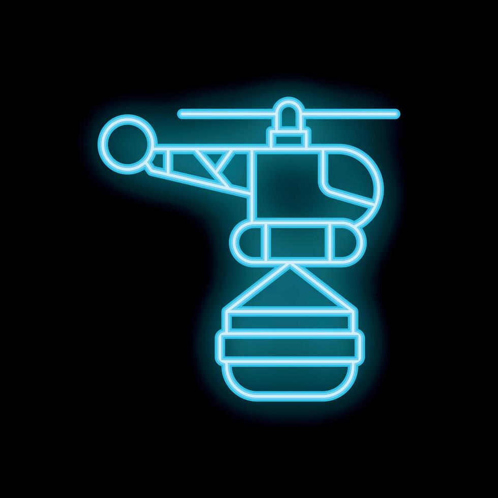 Glowing blue neon icon of a helicopter lifting a load vector
