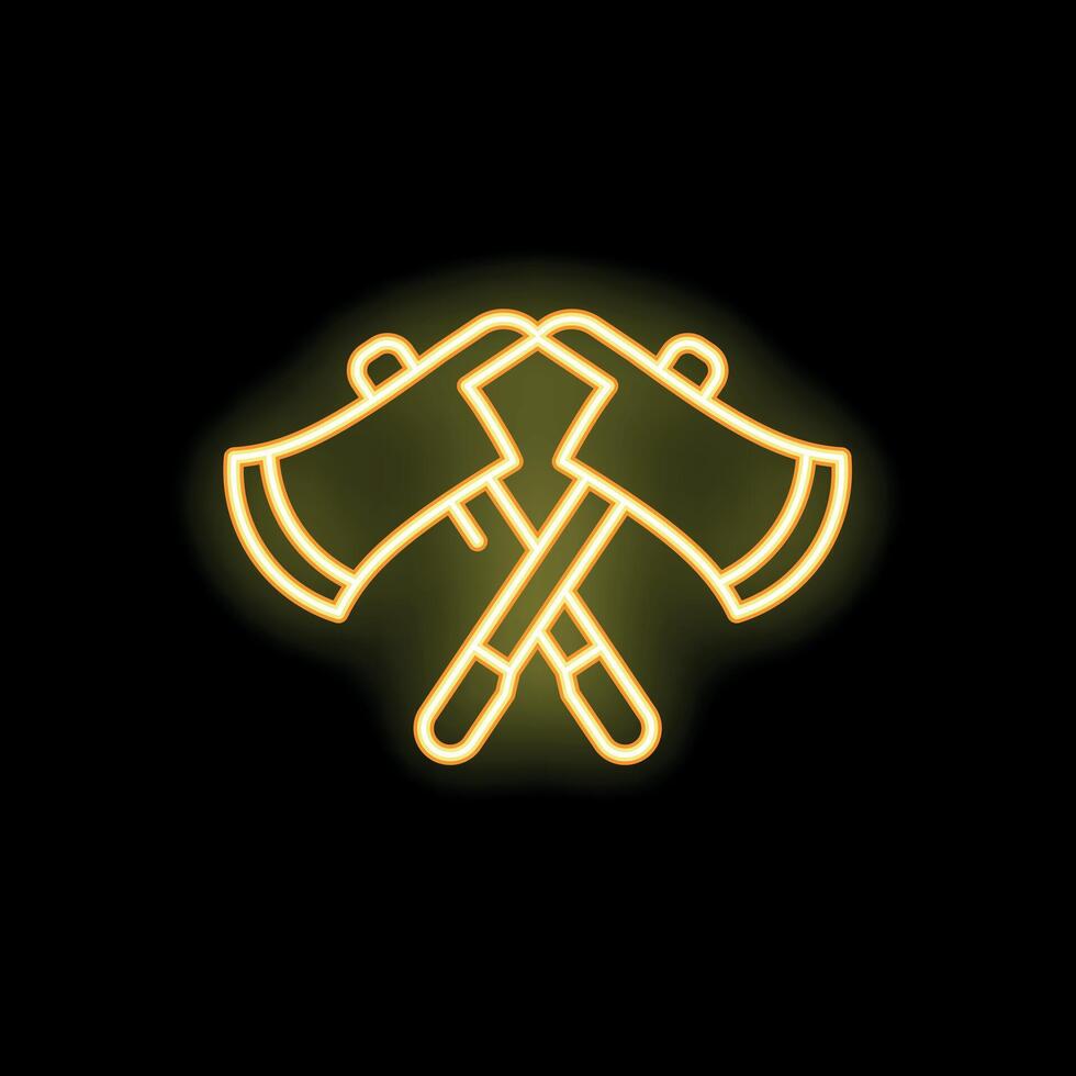Neon icon of two crossed axes glowing yellow on black background vector
