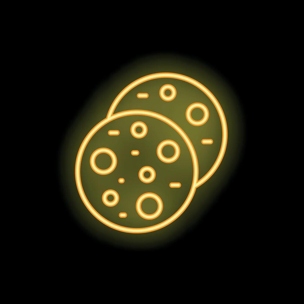 Neon icon of salami or pepperoni slices glowing yellow vector