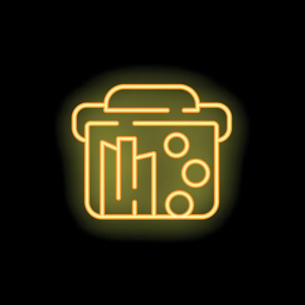 Yellow neon sign of a lunchbox with food inside on a black background vector