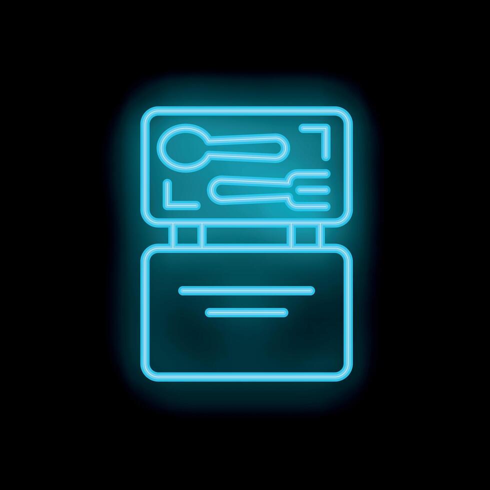 Lunchbox with fork and spoon showing open in neon style vector