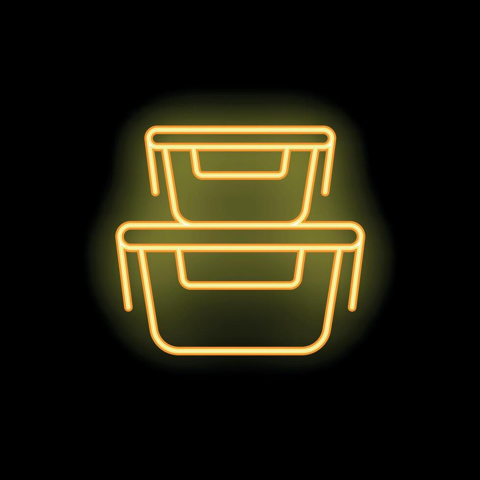 Yellow neon icon of two plastic food containers stacked on top of each other vector