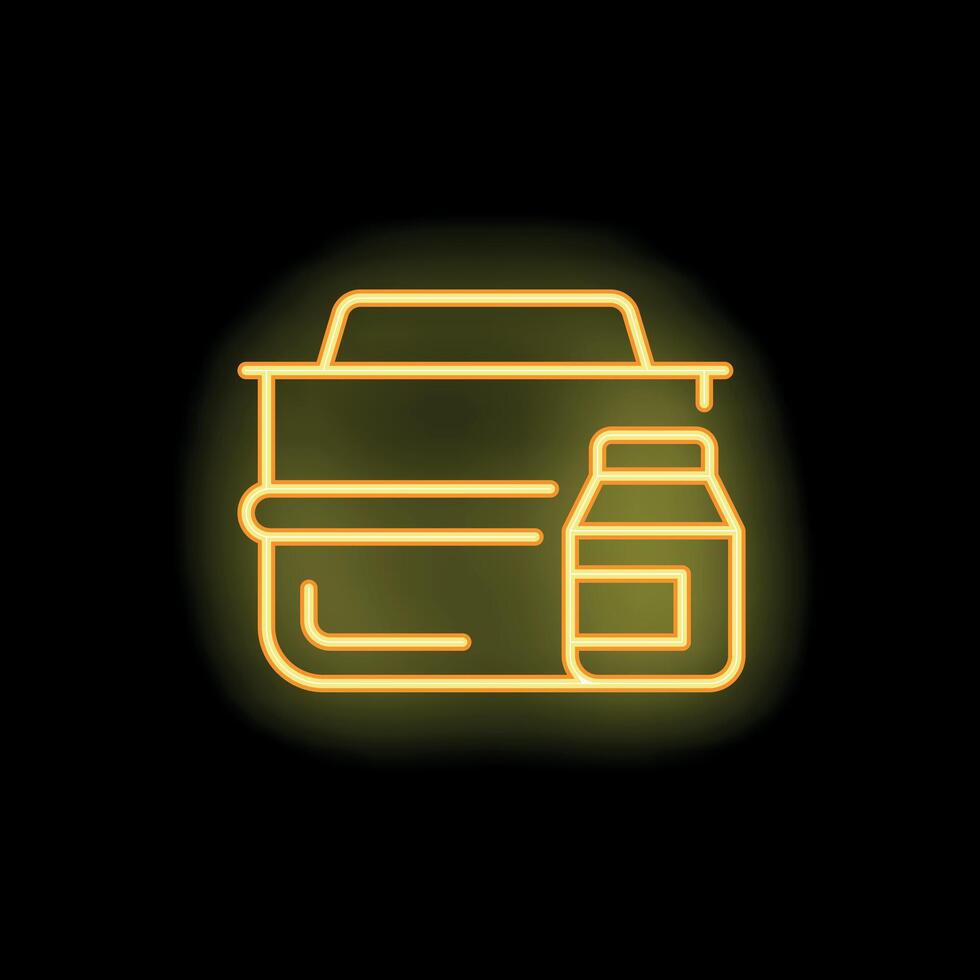 Neon sign of food delivery service with lunch box and milk bottle on black background vector