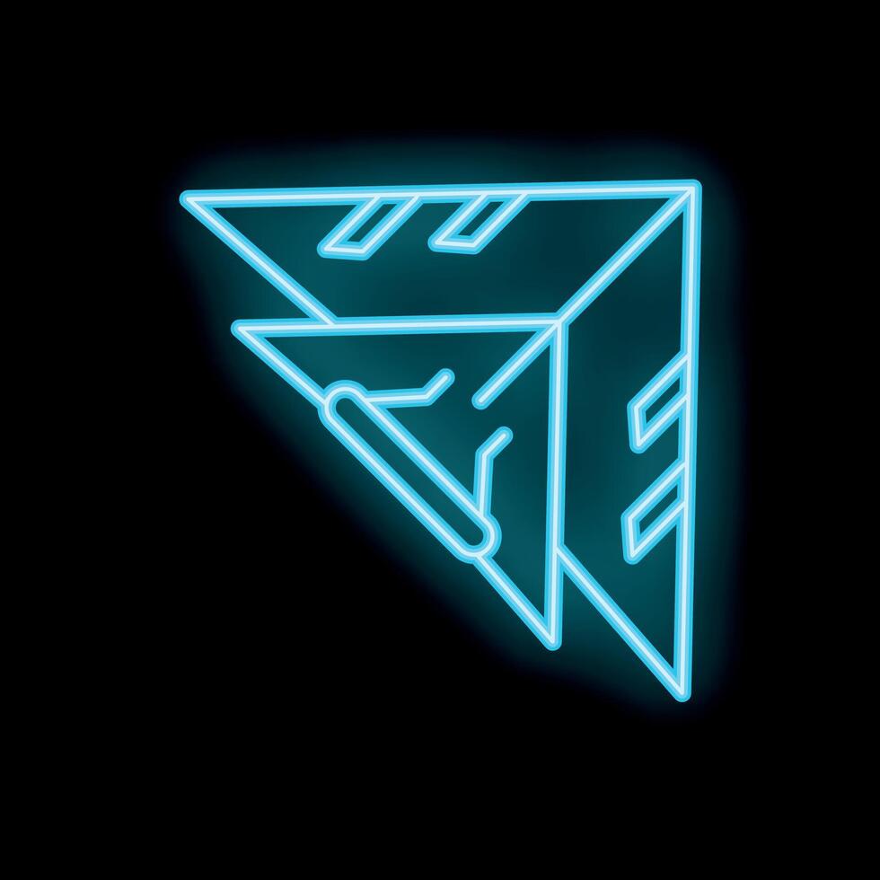 Bright blue neon paper airplane flying on black background vector