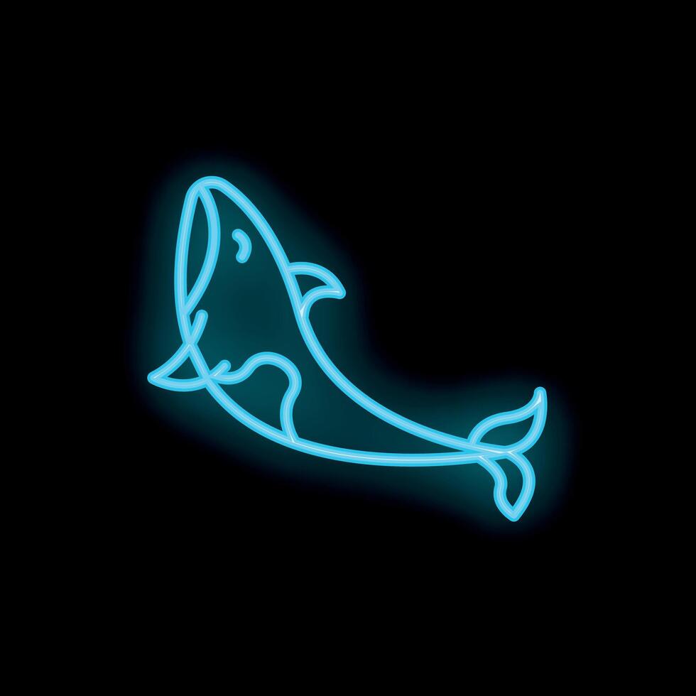 Neon sign of a killer whale swimming upwards, with blue neon glow vector