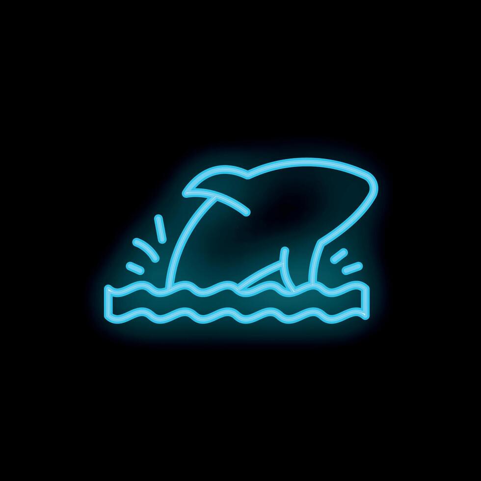 Neon shark is jumping out of water sign on black background vector