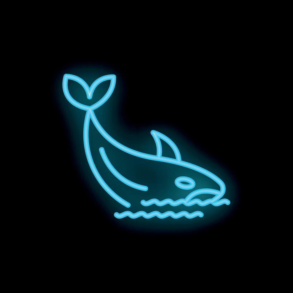 Neon orca jumping out of water icon on black background vector