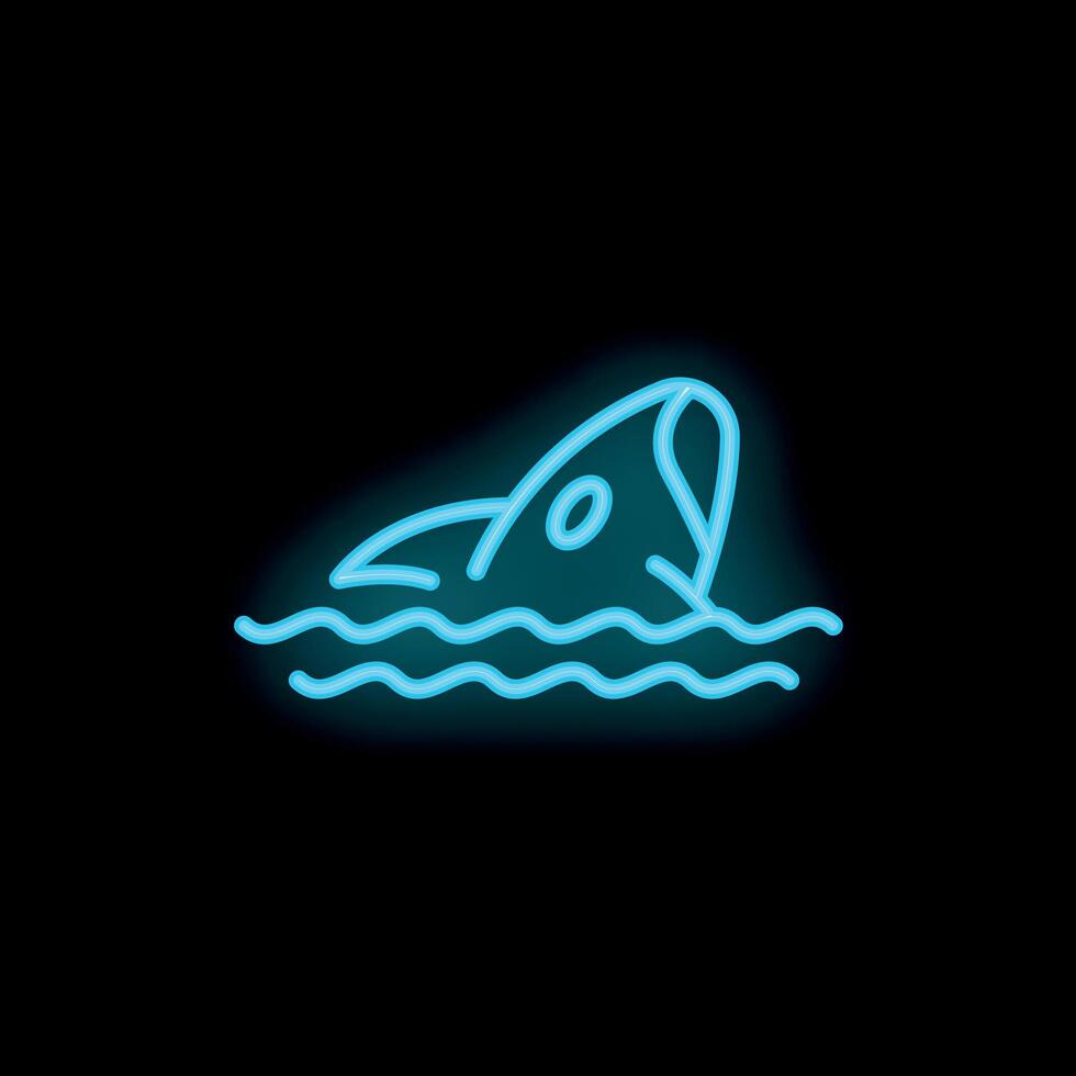 Blue neon sign depicting a shark fin emerging from stylized water waves vector