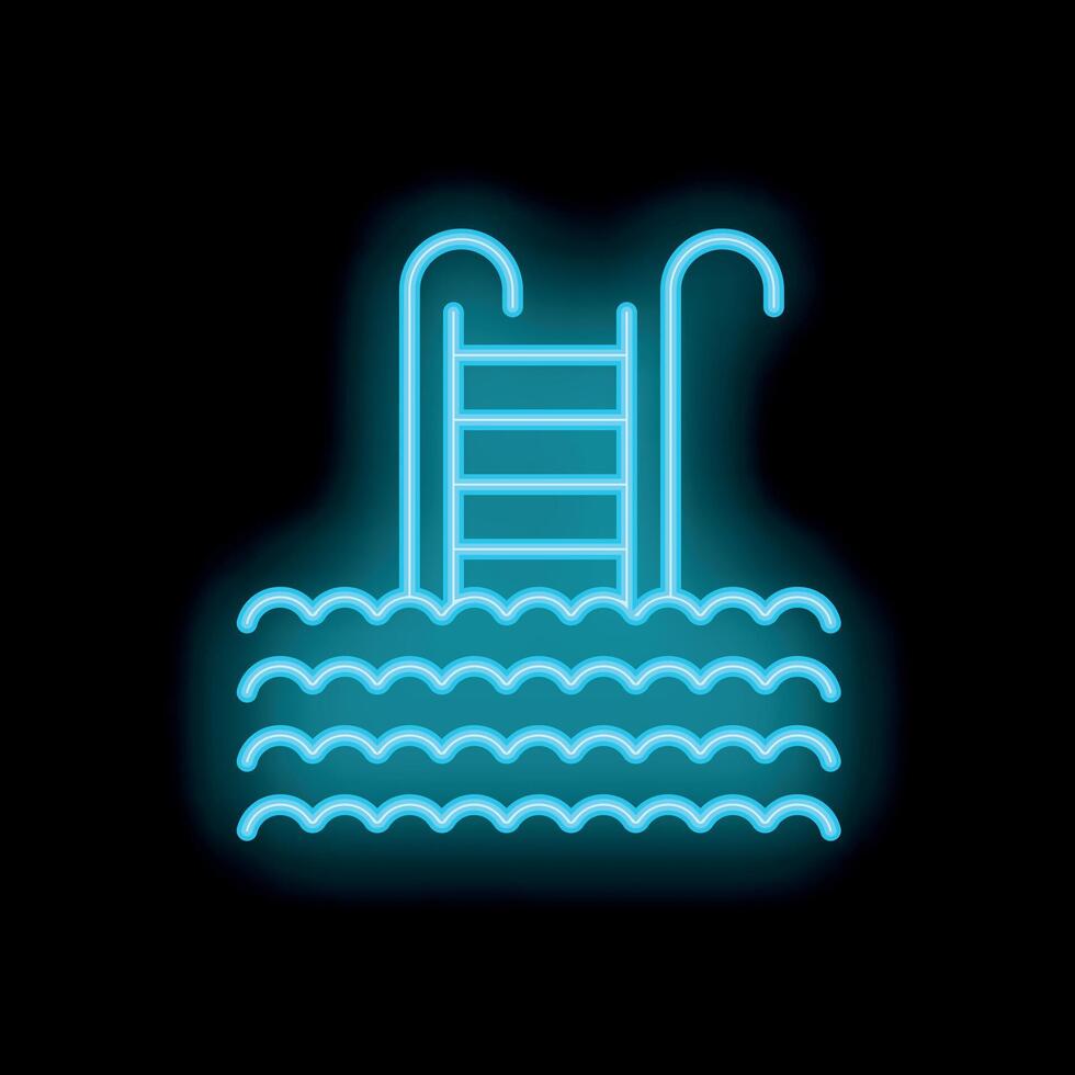 Neon swimming pool sign with ladder and wavy water shining on black background vector