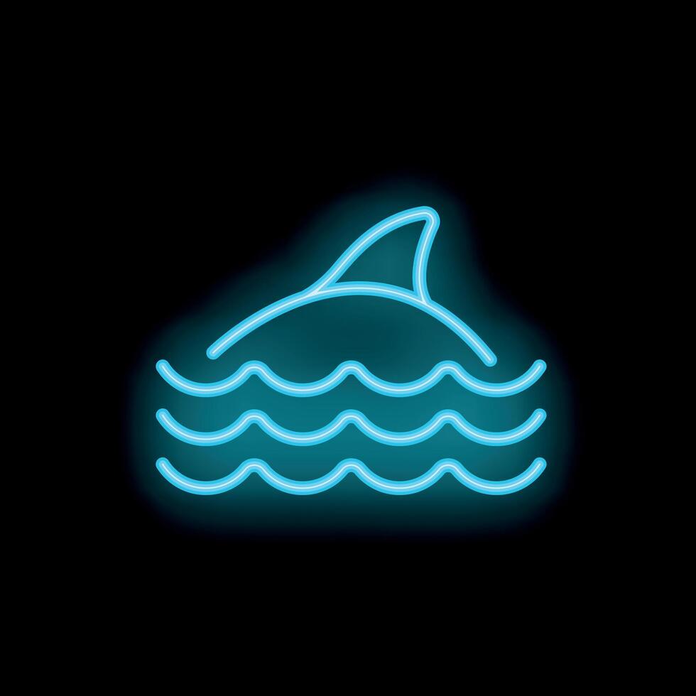 Blue neon sign of the fin of a shark circling just above stylized ocean waves vector