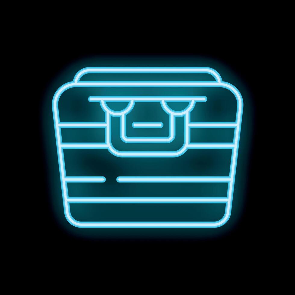 Bright glowing blue neon chest icon with a sad face on a black background vector