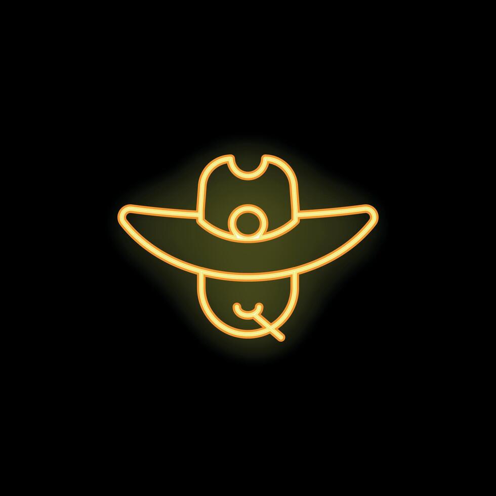 Neon cowboy face with hat and cigarette glowing yellow light vector