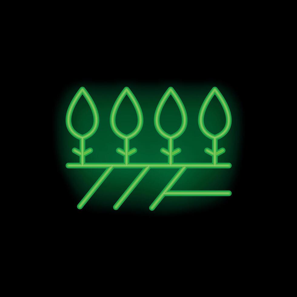 Green neon sign of four trees growing from cultivated land on black background vector