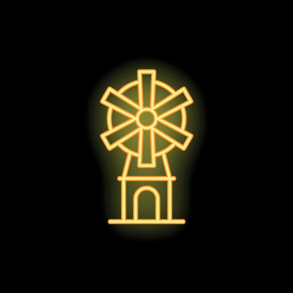 Neon icon of traditional windmill glowing yellow on black background vector