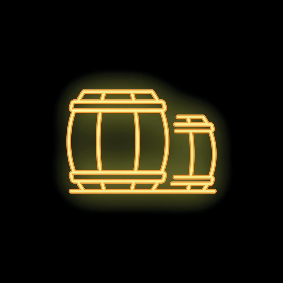 Yellow neon sign of two wooden barrels glowing on a black background vector