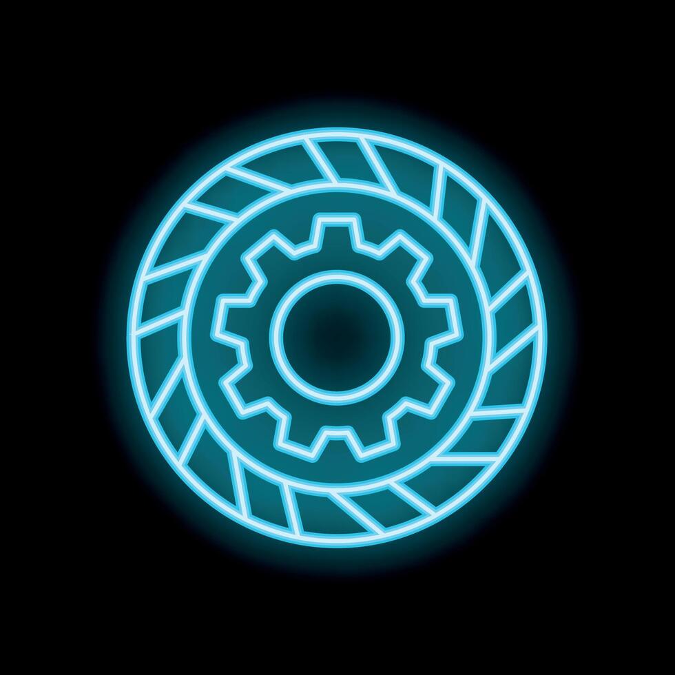 Blue neon gear wheel rotating on black background vector