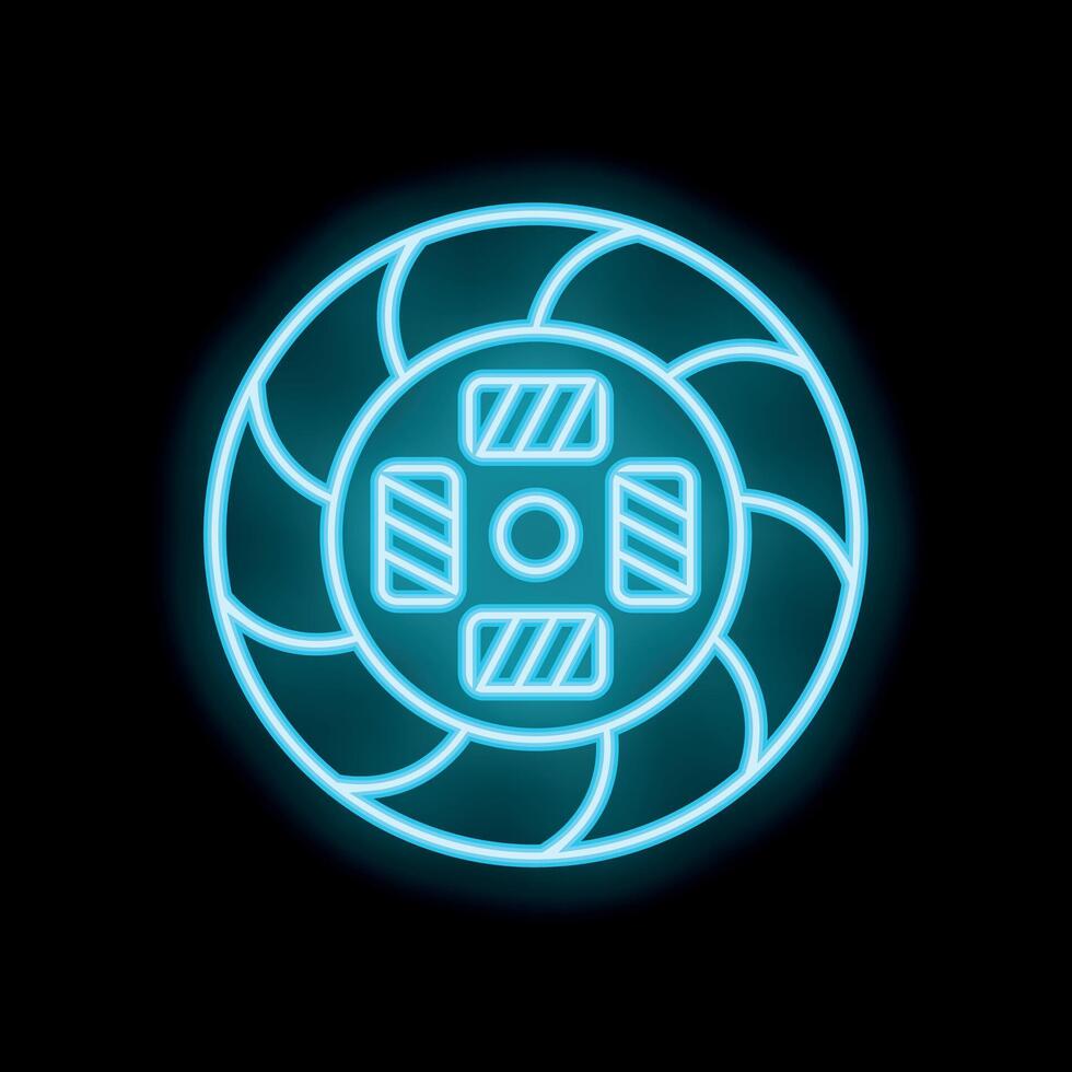 Blue glowing neon line car brake disk icon isolated on black background vector