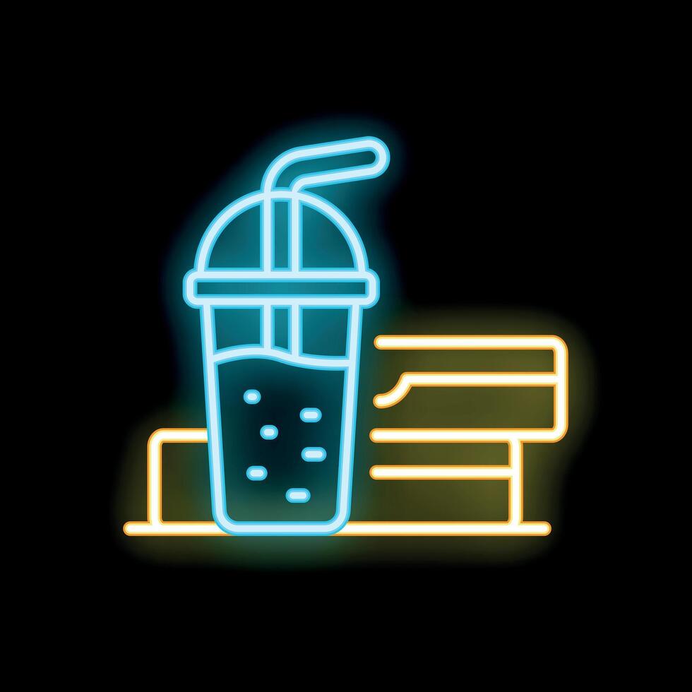 Neon sign showing a soda with ice cubes and a straw next to a credit card displaying cashless payment vector