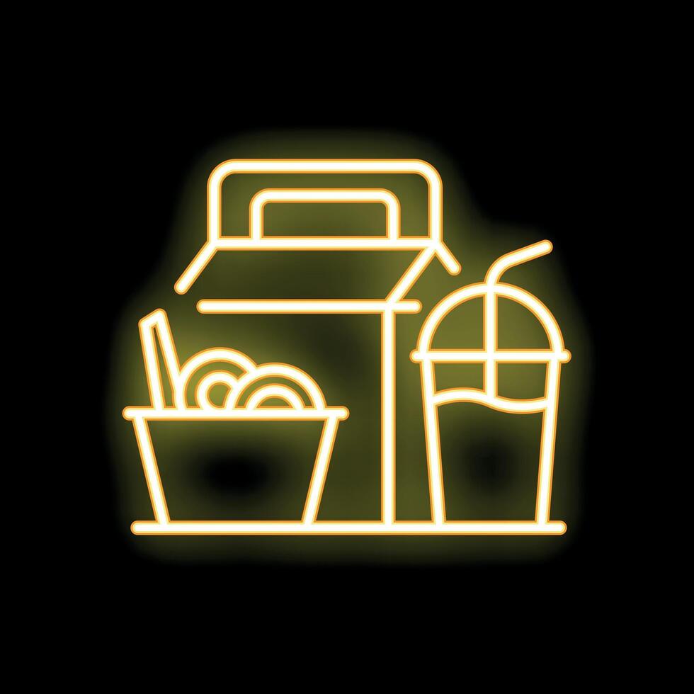 Neon sign showing wok with noodles, box and soda in yellow color on black background vector