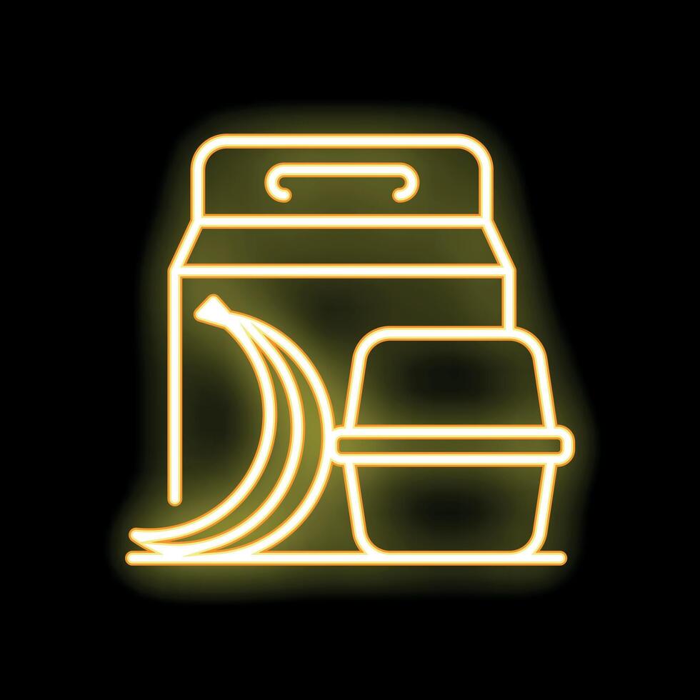 Neon yellow lunchbox with banana and yogurt icon glowing on black background vector