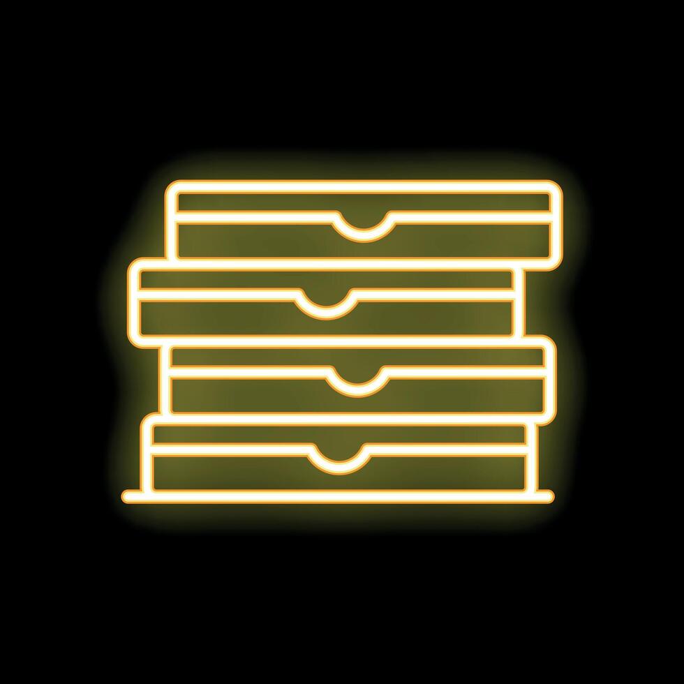 Neon sign of archive boxes stacked upwards on black background vector