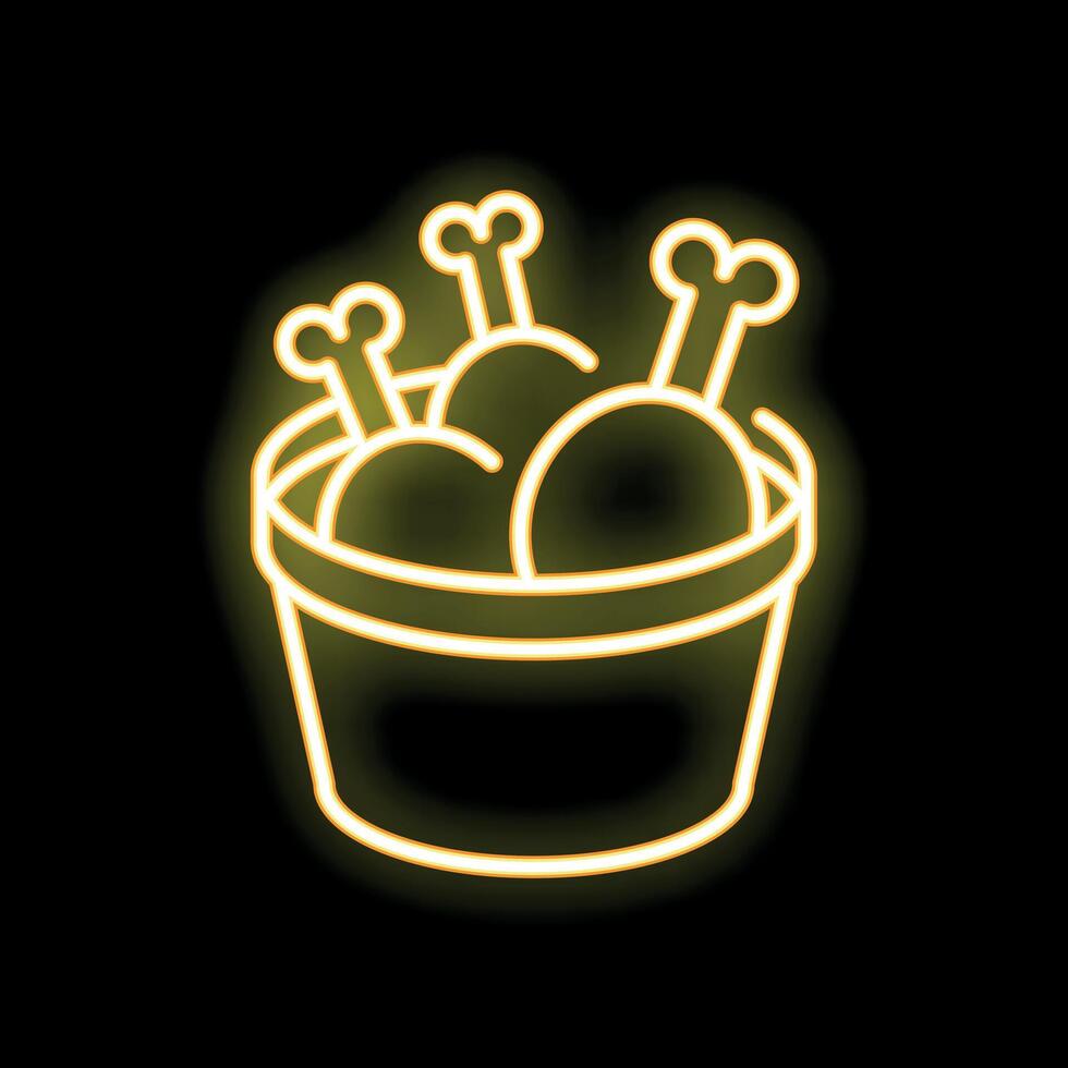 Neon sign of bucket full of fried chicken legs glowing on black background vector