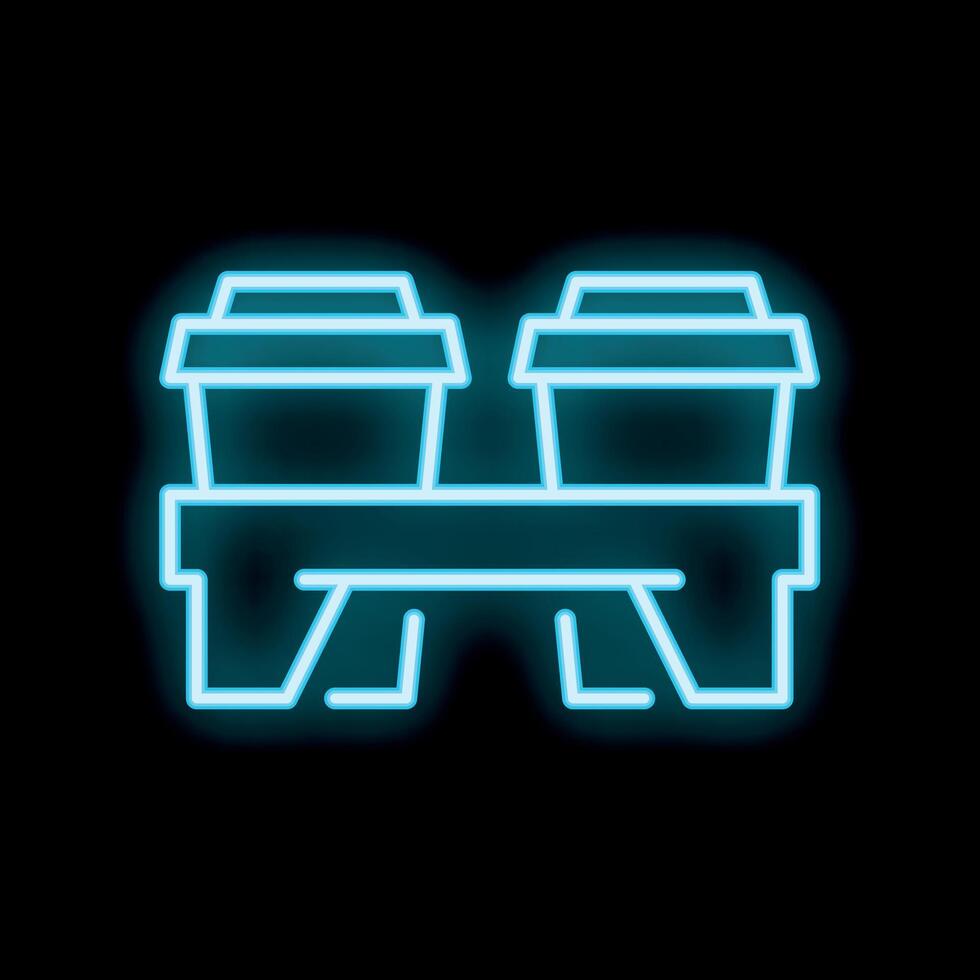 Neon sign of two coffee cups on takeaway tray on black background vector