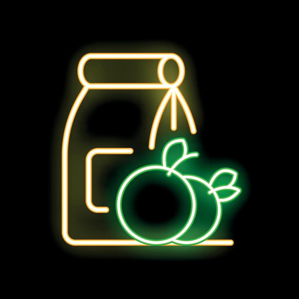 Neon sign representing a paper bag with two apples inside, ideal for grocery store or organic food market vector