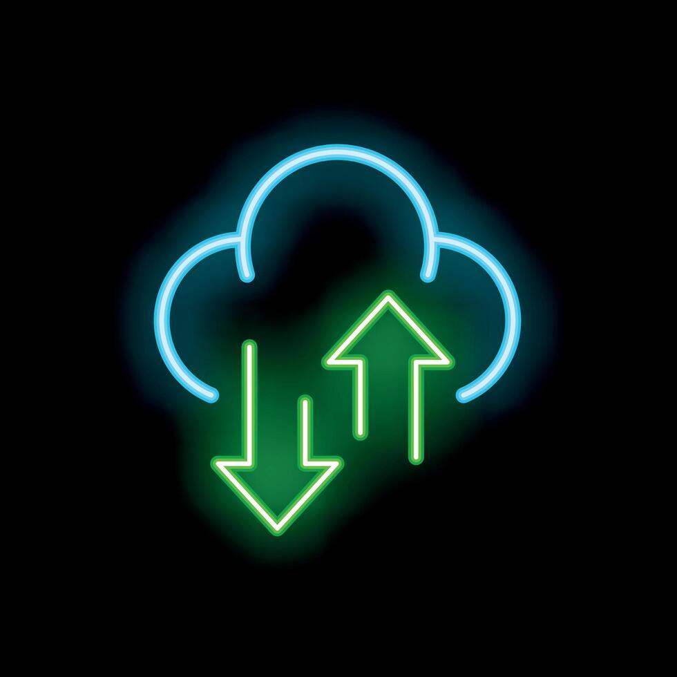 Neon icon of cloud computing showing uploading and downloading data vector