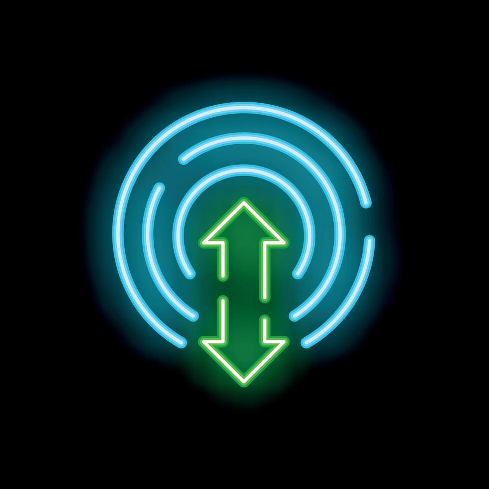 Neon sign representing data transfer with up and down arrows inside concentric circles vector