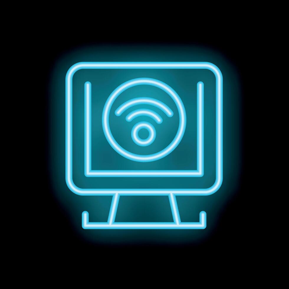 Neon computer icon showing wifi signal on black background vector