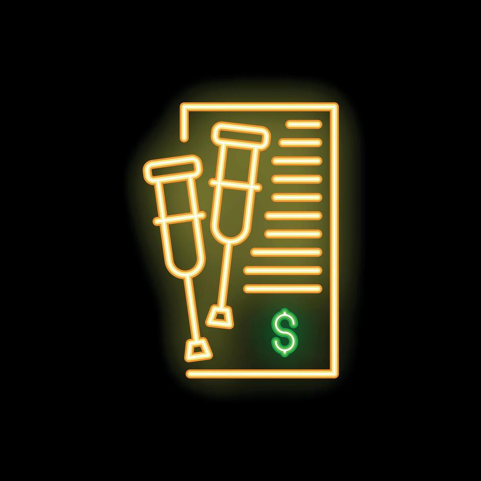 Neon icon of crutches leaning on medical bill representing cost of healthcare vector