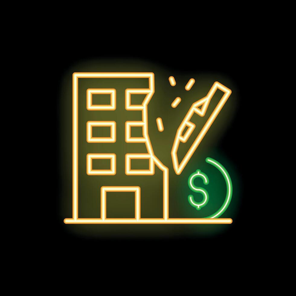 Neon style icon showing earthquake destroying building with dollar sign vector