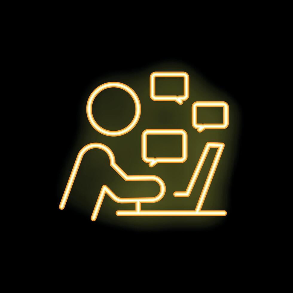 Businessman working on laptop and managing online communication with neon light effect vector