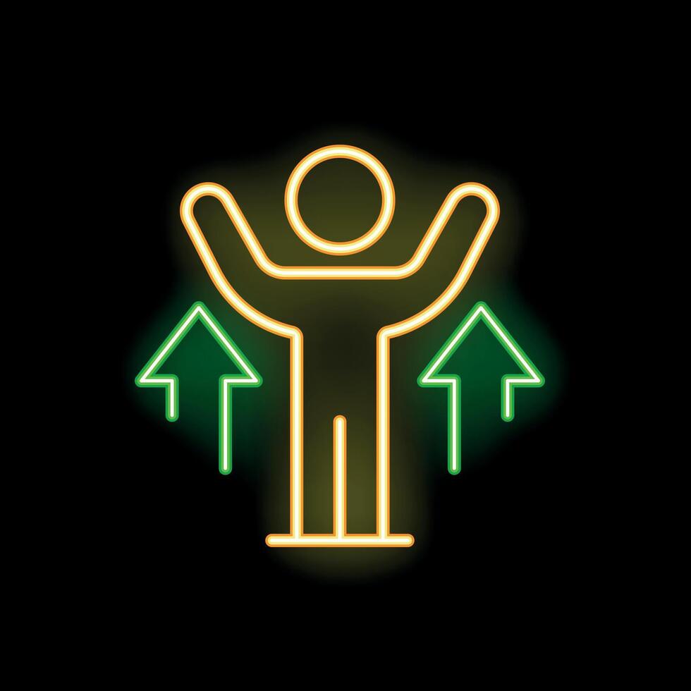 Neon sign of a person raising arms with two up arrows vector