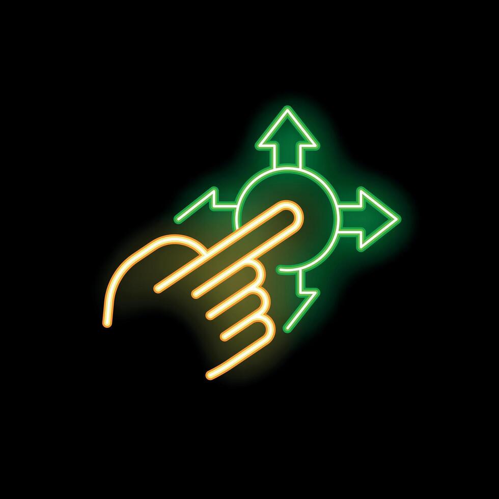 Neon sign showing hand pressing button with arrows pointing in different directions vector